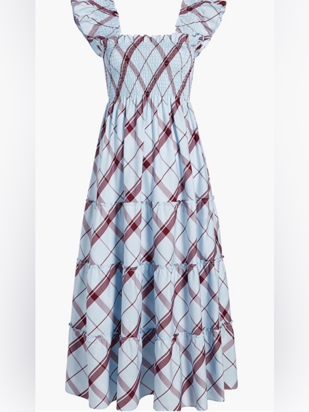 Hill House Light Blue and Burgundy Plaid Ruffle Strap “Matilda” Dress